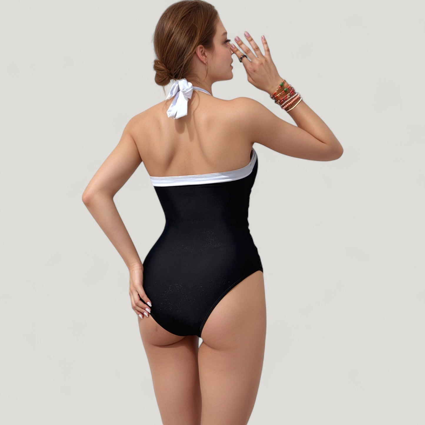 Anna-Kaci Swim Women's Halter One-Piece Swimsuit with Contrast Trim and Ruched Body for Flattering Support