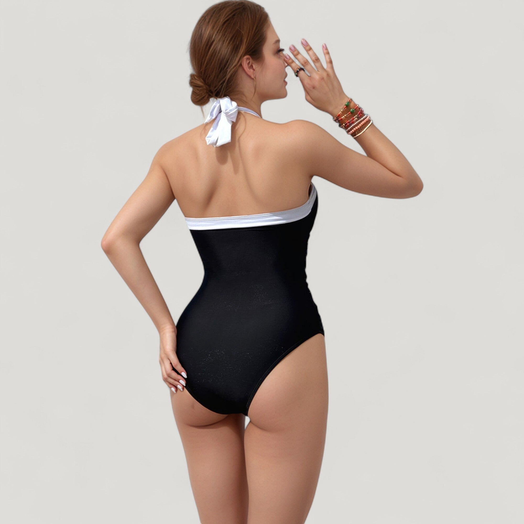 Anna-Kaci Swim Women's Halter One-Piece Swimsuit with Contrast Trim and Ruched Body for Flattering Support