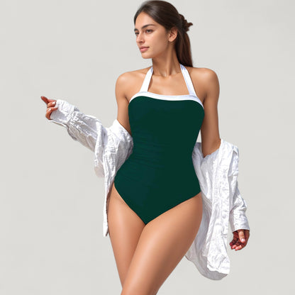 Anna-Kaci Swim Women's Halter One-Piece Swimsuit with Contrast Trim and Ruched Body for Flattering Support