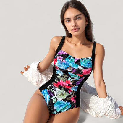 Anna-Kaci Swim Women's One-Piece Swimsuit with Ruched Floral Front Panel and Slimming Solid Side Insets