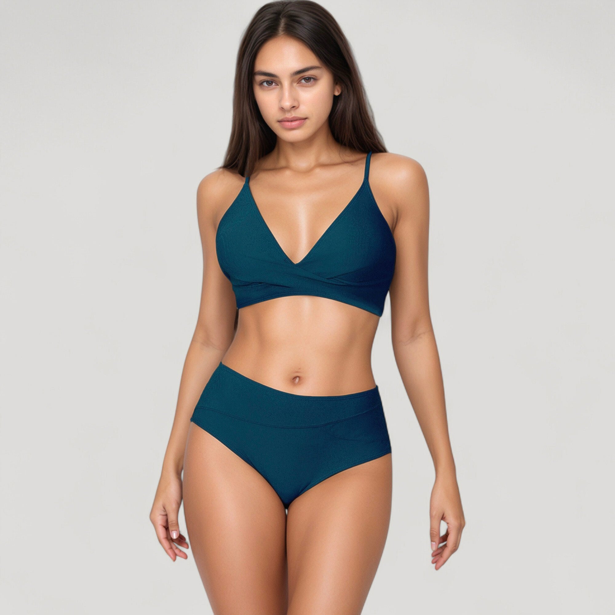 Anna-Kaci Swim Women's V-Neck Bikini Swimsuit with Crossover Top and High Waist Bottom