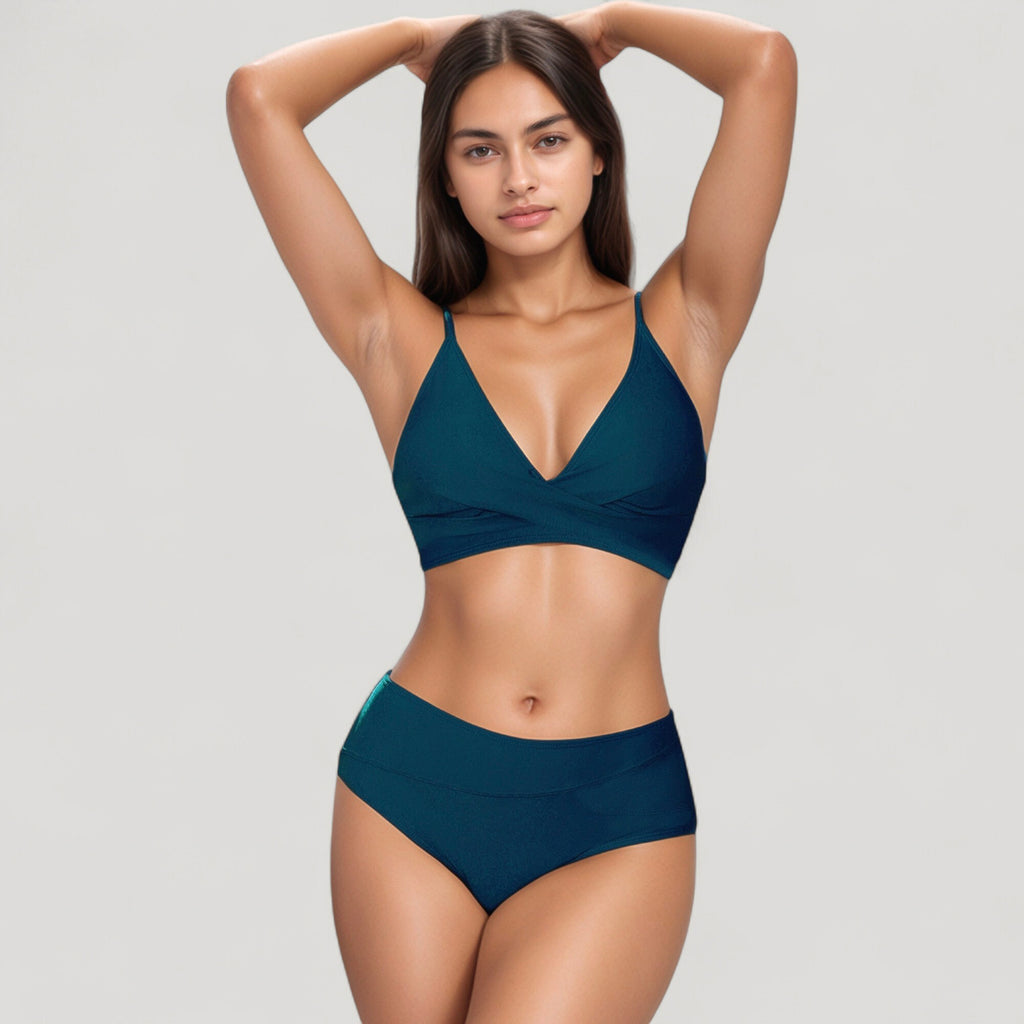 Anna-Kaci Swim Women's V-Neck Bikini Swimsuit with Crossover Top and High Waist Bottom