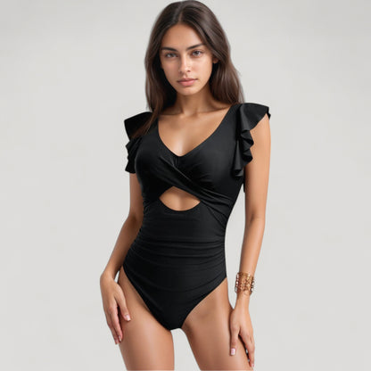 Anna-Kaci Swim Women's Ruffle Sleeve One Piece Swimsuit Cut Out Front Detail Ruched Waist Deep V Neckline