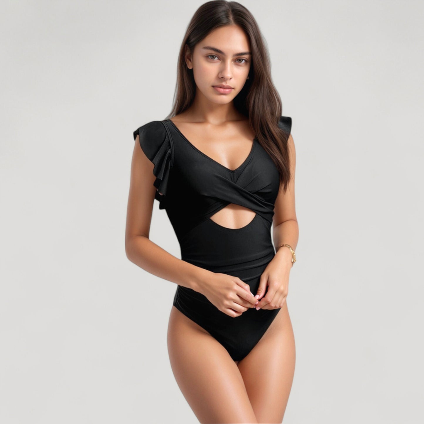 Anna-Kaci Swim Women's Ruffle Sleeve One Piece Swimsuit Cut Out Front Detail Ruched Waist Deep V Neckline