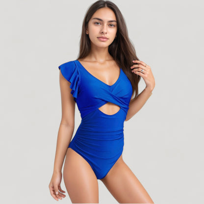 Anna-Kaci Swim Women's Ruffle Sleeve One Piece Swimsuit Cut Out Front Detail Ruched Waist Deep V Neckline