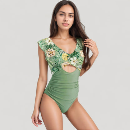 Anna-Kaci Swim Women's Ruffle Sleeve One Piece Swimsuit Cut Out Front Detail Ruched Waist Deep V Neckline