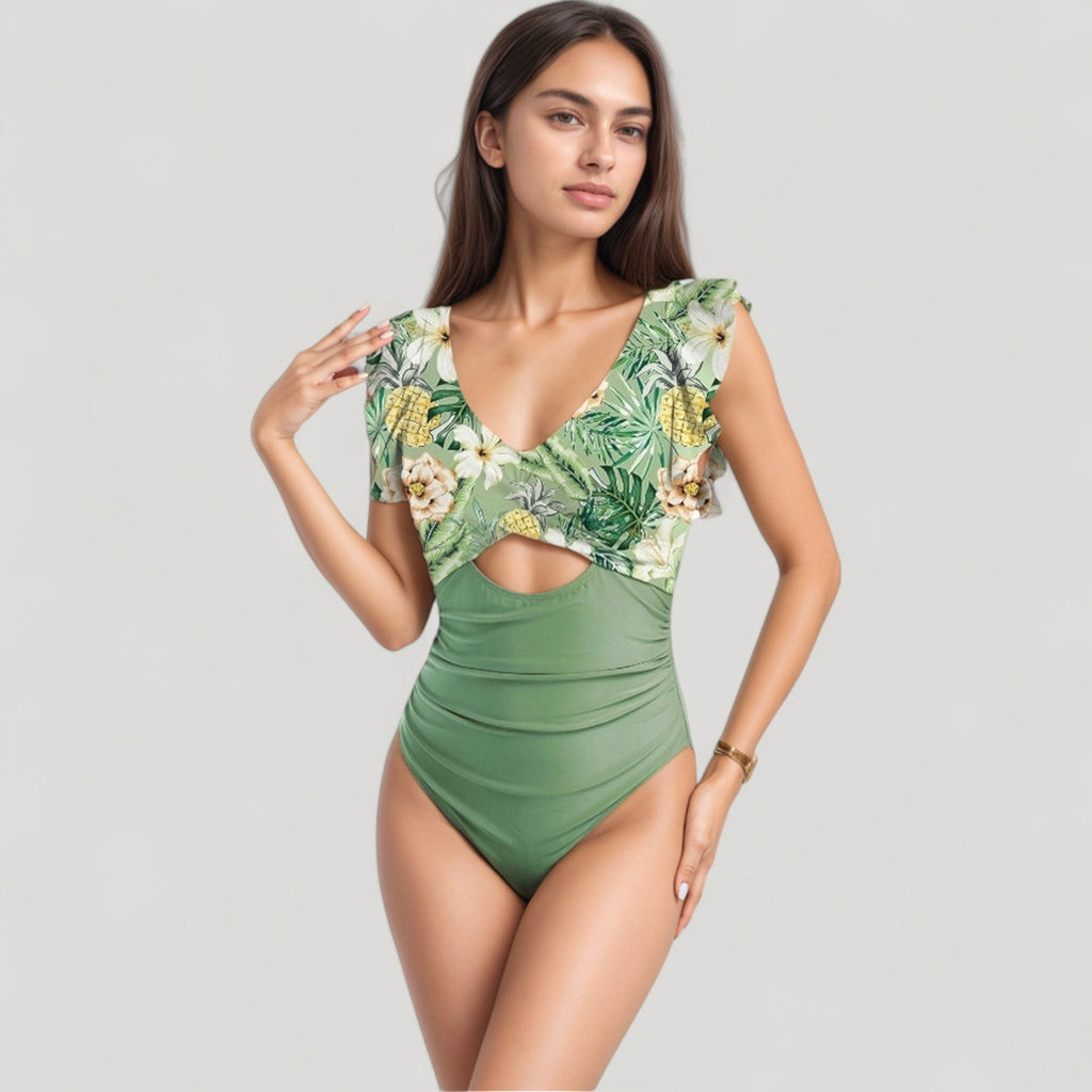 Anna-Kaci Swim Women's Ruffle Sleeve One Piece Swimsuit Cut Out Front Detail Ruched Waist Deep V Neckline