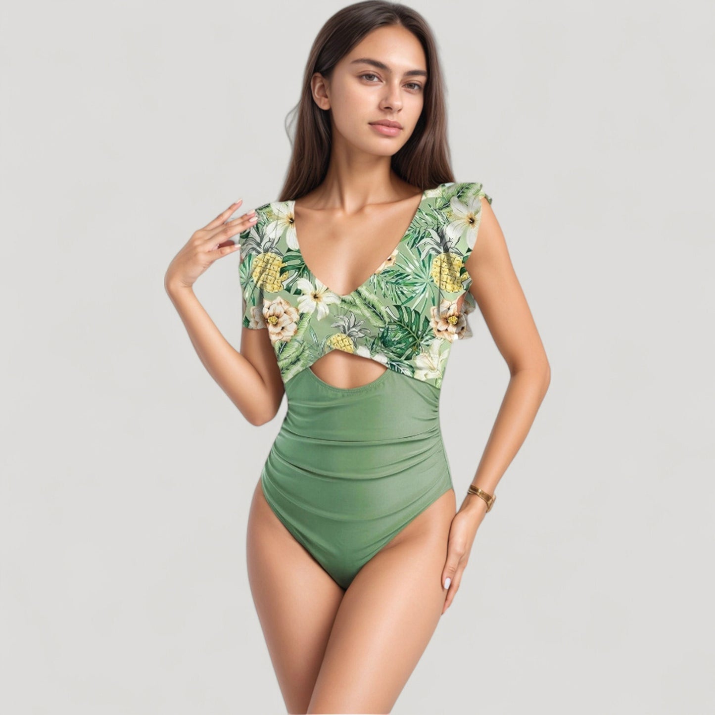 Anna-Kaci Swim Women's Ruffle Sleeve One Piece Swimsuit Cut Out Front Detail Ruched Waist Deep V Neckline