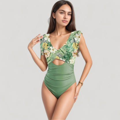 Anna-Kaci Swim Women's Ruffle Sleeve One Piece Swimsuit Cut Out Front Detail Ruched Waist Deep V Neckline