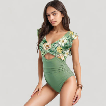 Anna-Kaci Swim Women's Ruffle Sleeve One Piece Swimsuit Cut Out Front Detail Ruched Waist Deep V Neckline