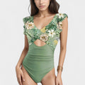 Anna-Kaci Swim Women's Ruffle Sleeve One Piece Swimsuit Cut Out Front Detail Ruched Waist Deep V Neckline