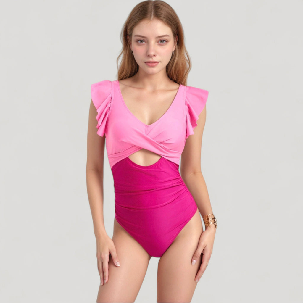 Anna-Kaci Swim Women's Ruffle Sleeve One Piece Swimsuit Cut Out Front Detail Ruched Waist Deep V Neckline