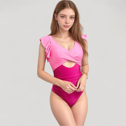 Anna-Kaci Swim Women's Ruffle Sleeve One Piece Swimsuit Cut Out Front Detail Ruched Waist Deep V Neckline