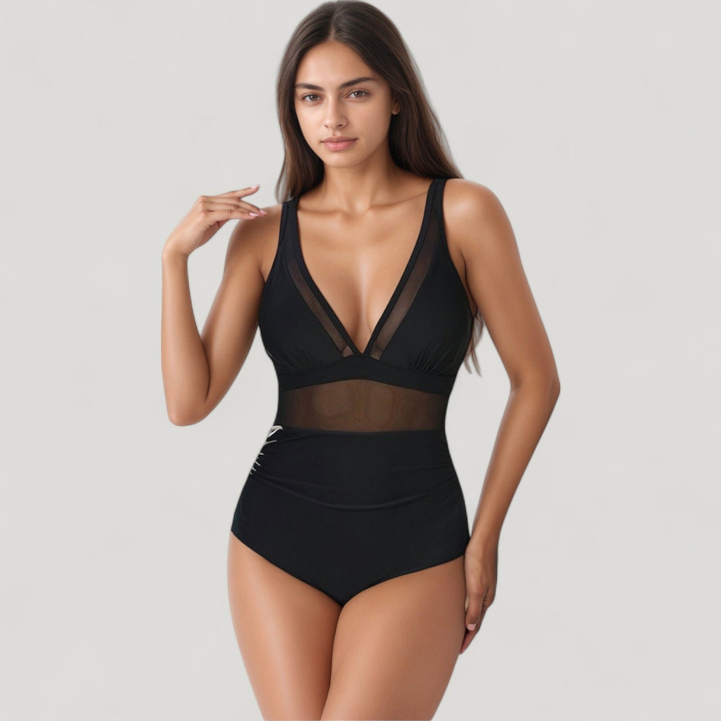 Anna-Kaci Swim Women's Deep V Mesh Panel One Piece Swimsuit with Sheer Waist Detail and Adjustable Straps