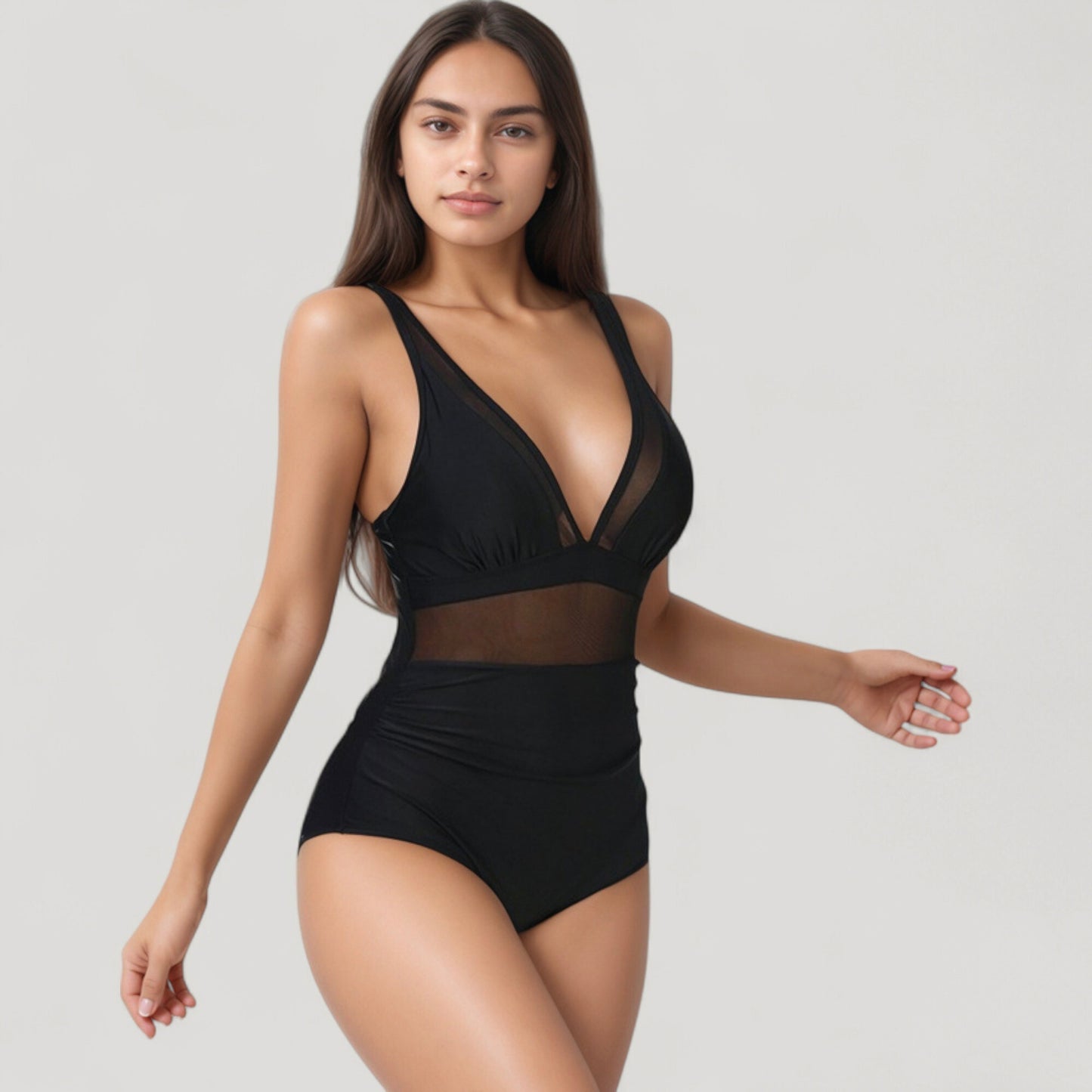 Anna-Kaci Swim Women's Deep V Mesh Panel One Piece Swimsuit with Sheer Waist Detail and Adjustable Straps