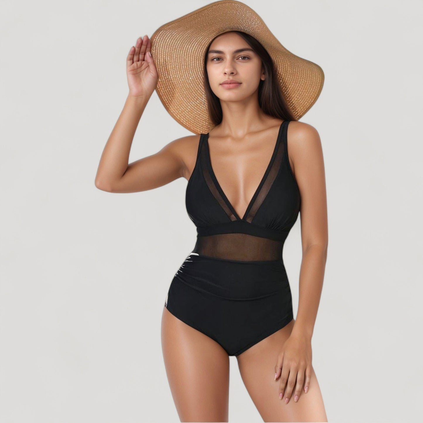 Anna-Kaci Swim Women's Deep V Mesh Panel One Piece Swimsuit with Sheer Waist Detail and Adjustable Straps
