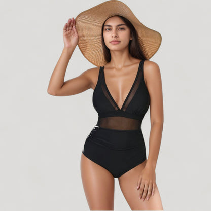 Anna-Kaci Swim Women's Deep V Mesh Panel One Piece Swimsuit with Sheer Waist Detail and Adjustable Straps