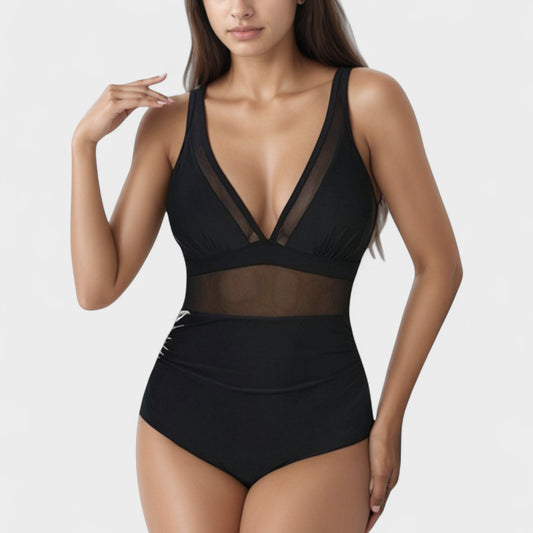 Anna-Kaci Swim Women's Deep V Mesh Panel One Piece Swimsuit with Sheer Waist Detail and Adjustable Straps
