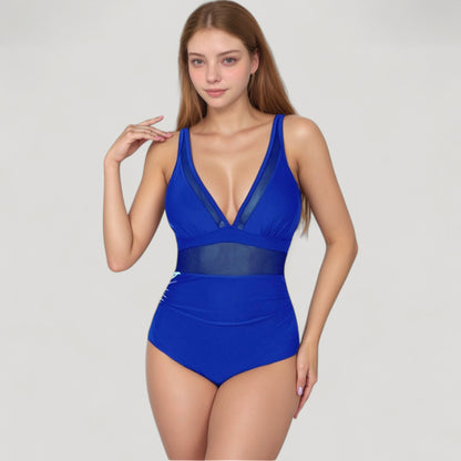 Anna-Kaci Swim Women's Deep V Mesh Panel One Piece Swimsuit with Sheer Waist Detail and Adjustable Straps