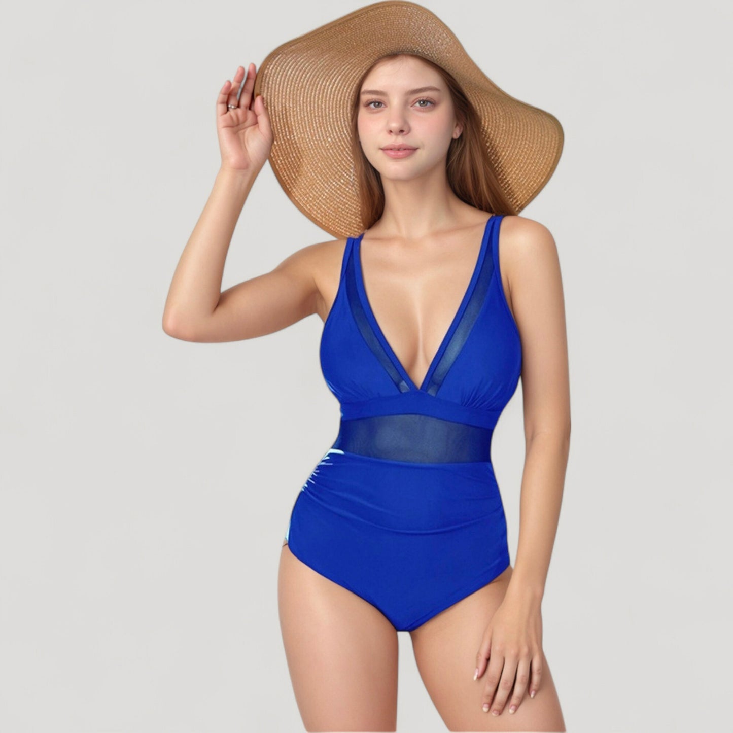 Anna-Kaci Swim Women's Deep V Mesh Panel One Piece Swimsuit with Sheer Waist Detail and Adjustable Straps