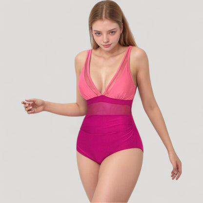 Anna-Kaci Swim Women's Deep V Mesh Panel One Piece Swimsuit with Sheer Waist Detail and Adjustable Straps