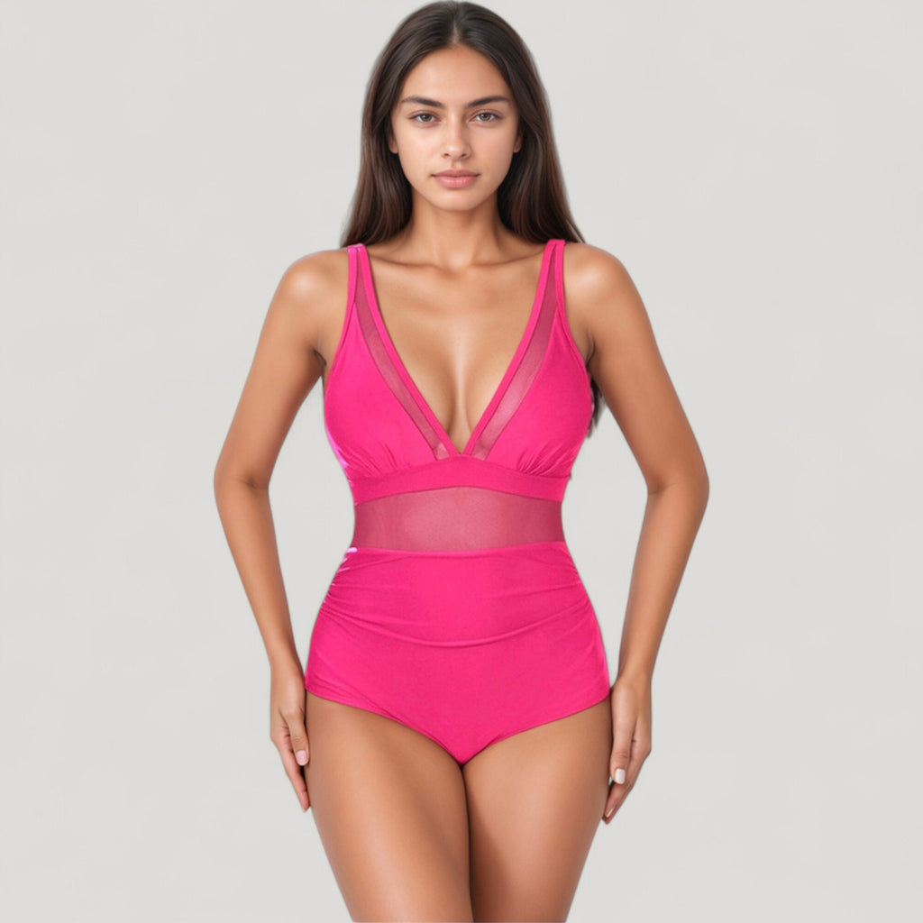 Anna-Kaci Swim Women's Deep V Mesh Panel One Piece Swimsuit with Sheer Waist Detail and Adjustable Straps