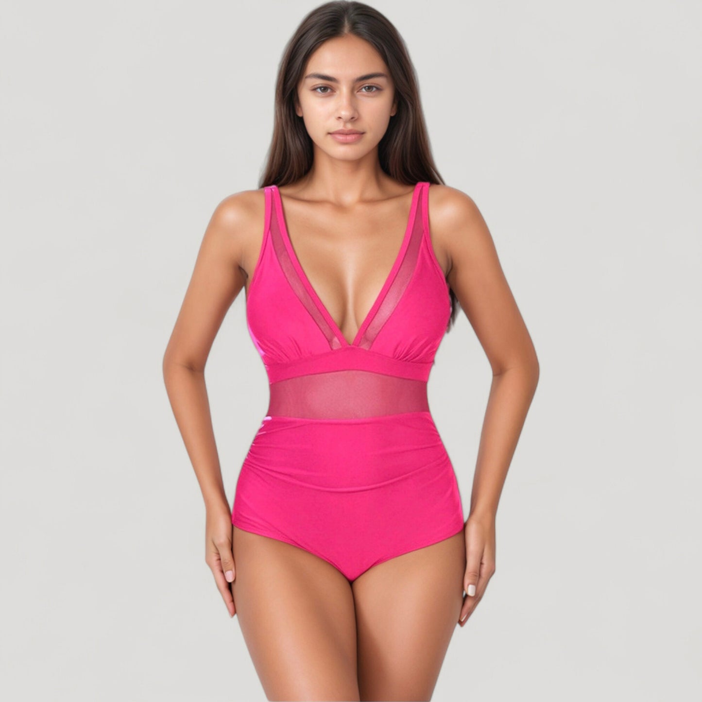 Anna-Kaci Swim Women's Deep V Mesh Panel One Piece Swimsuit with Sheer Waist Detail and Adjustable Straps