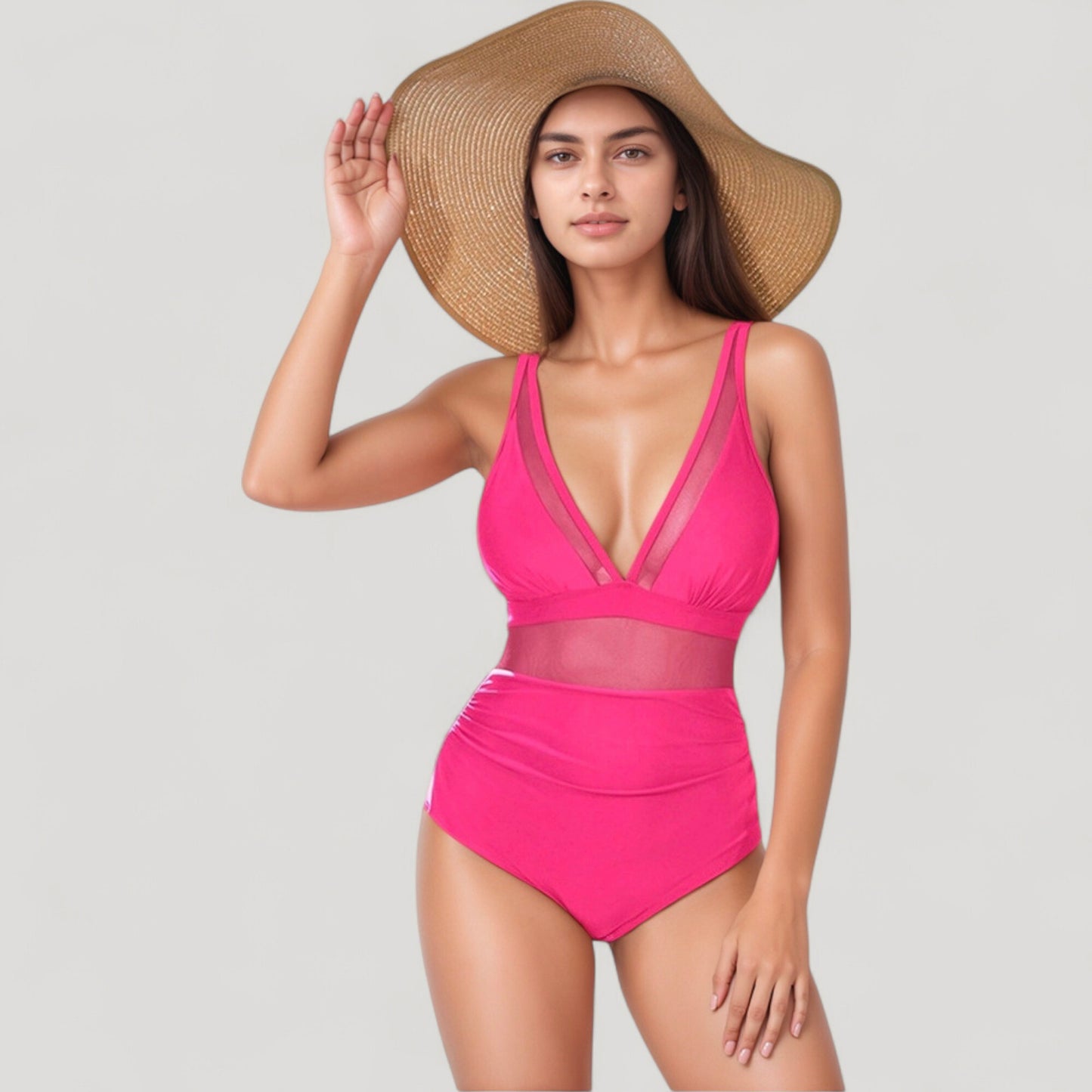 Anna-Kaci Swim Women's Deep V Mesh Panel One Piece Swimsuit with Sheer Waist Detail and Adjustable Straps