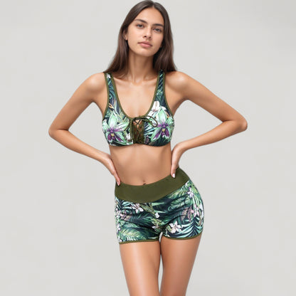Anna-Kaci Swim Women's Tropical Floral Bikini Top with Lace-Up Front and High Waist Short Bottoms