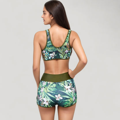 Anna-Kaci Swim Women's Tropical Floral Bikini Top with Lace-Up Front and High Waist Short Bottoms