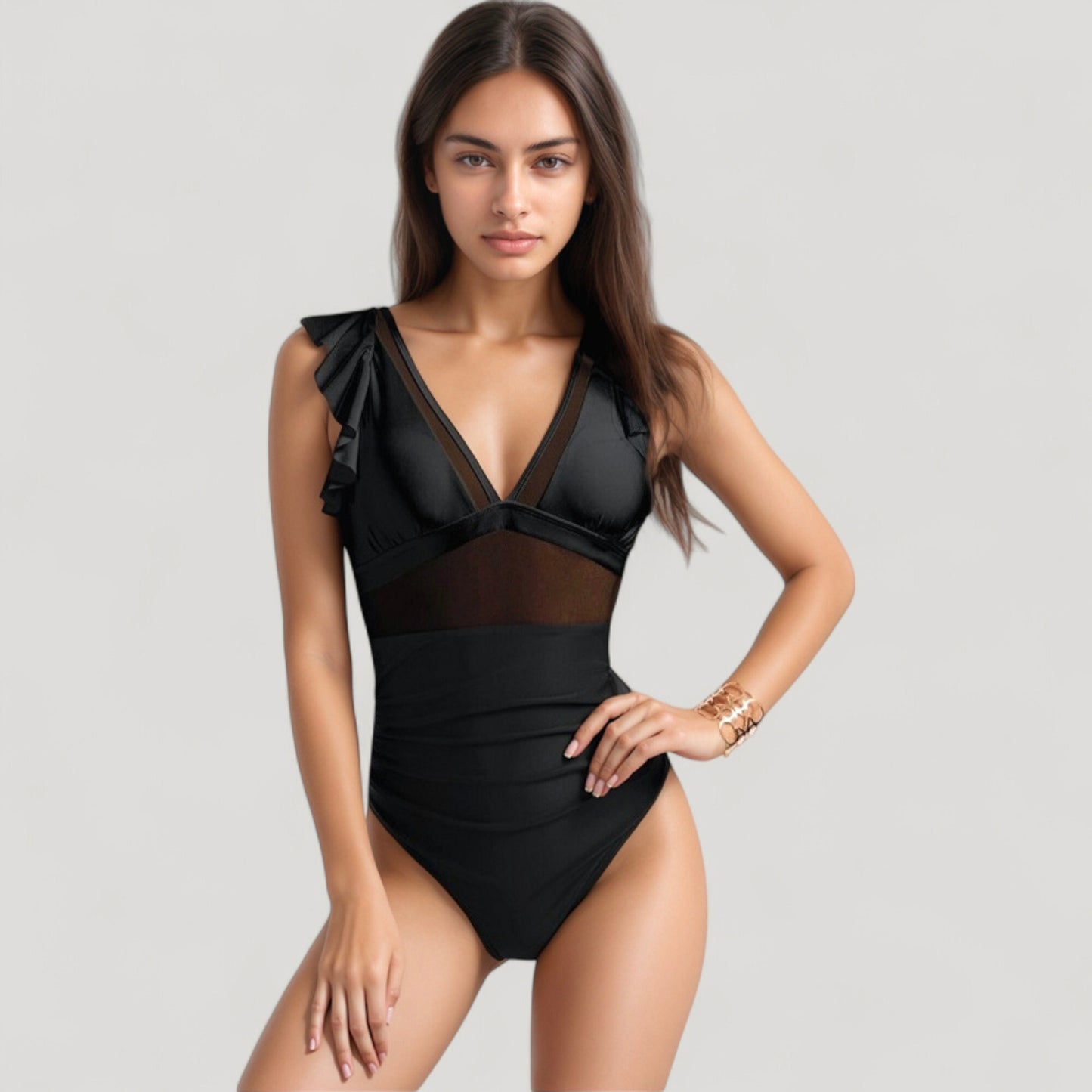 Anna-Kaci Swim Women's Mesh Panel One Piece Swimsuit with Ruffle Shoulder Detail and Deep V Neckline