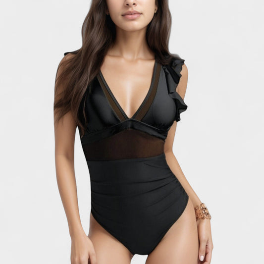 Anna-Kaci Swim Women's Mesh Panel One Piece Swimsuit with Ruffle Shoulder Detail and Deep V Neckline