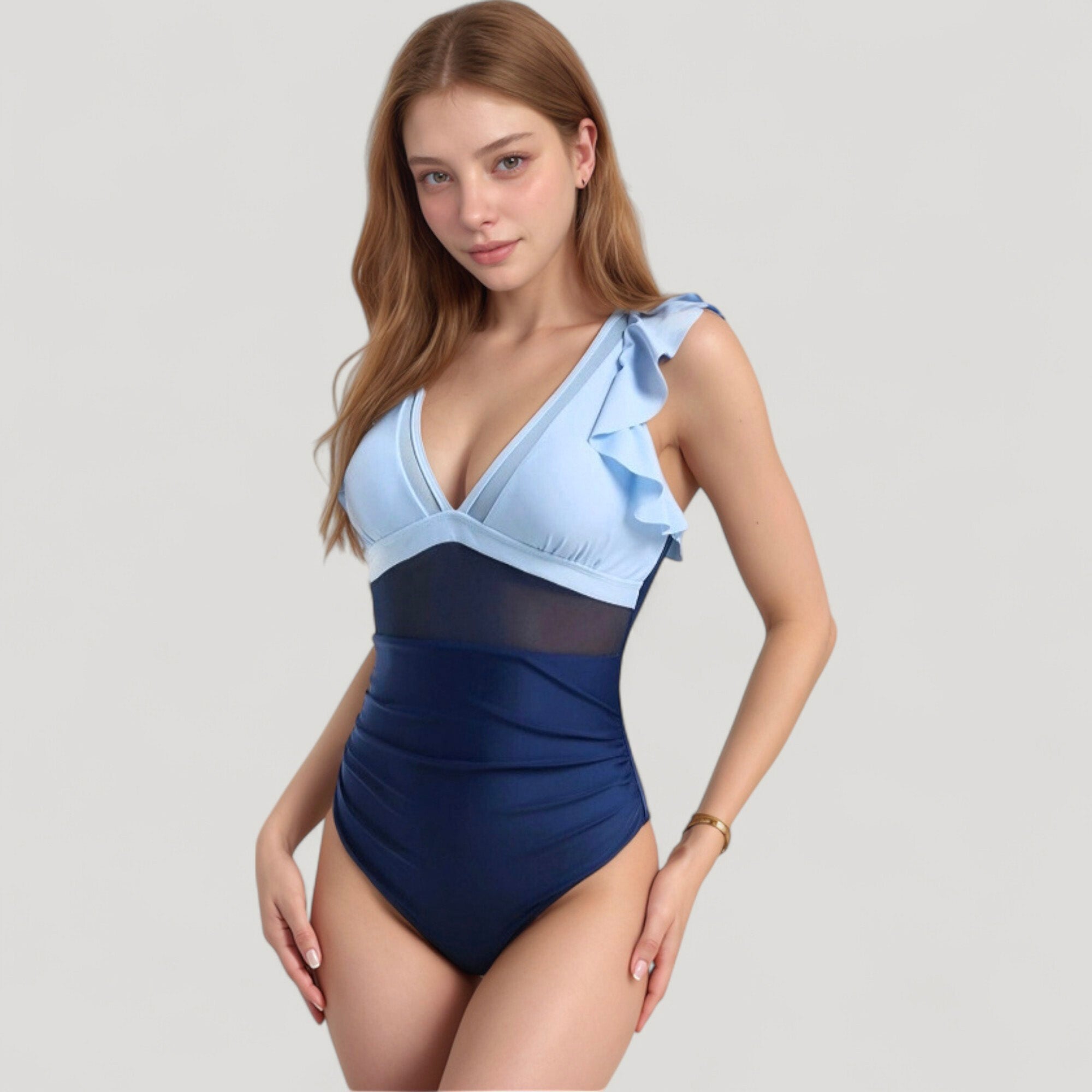 Anna-Kaci Swim Women's Mesh Panel One Piece Swimsuit with Ruffle Shoulder Detail and Deep V Neckline