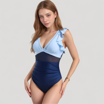 Anna-Kaci Swim Women's Mesh Panel One Piece Swimsuit with Ruffle Shoulder Detail and Deep V Neckline