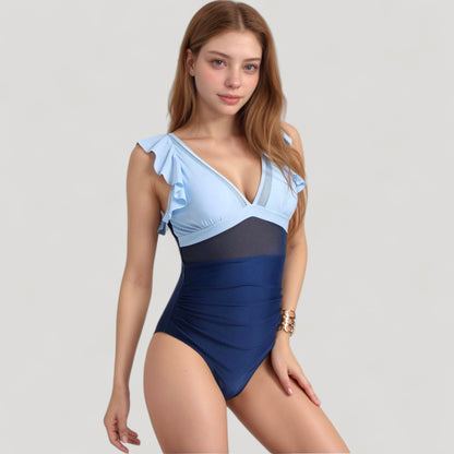 Anna-Kaci Swim Women's Mesh Panel One Piece Swimsuit with Ruffle Shoulder Detail and Deep V Neckline