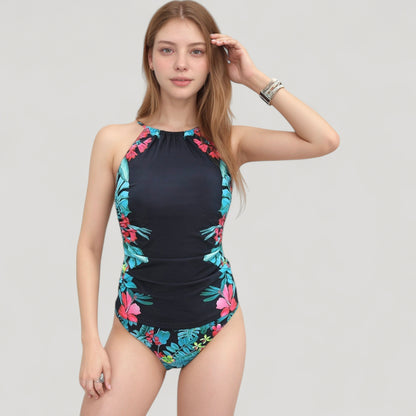 Anna-Kaci Swim Women's High Neck One Piece Swimsuit with Floral Side Panels and Ruched Waist Detail