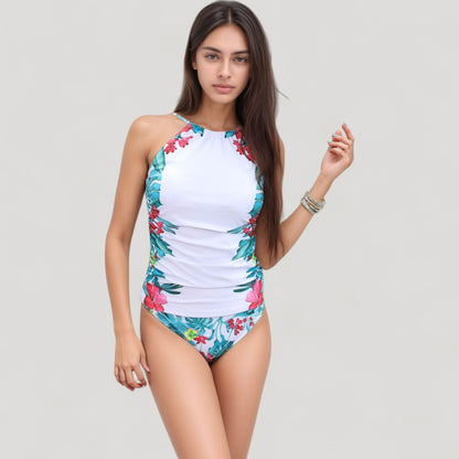 Anna-Kaci Swim Women's High Neck One Piece Swimsuit with Floral Side Panels and Ruched Waist Detail