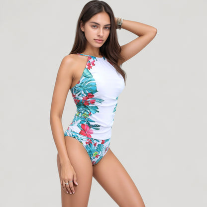 Anna-Kaci Swim Women's High Neck One Piece Swimsuit with Floral Side Panels and Ruched Waist Detail