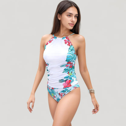 Anna-Kaci Swim Women's High Neck One Piece Swimsuit with Floral Side Panels and Ruched Waist Detail