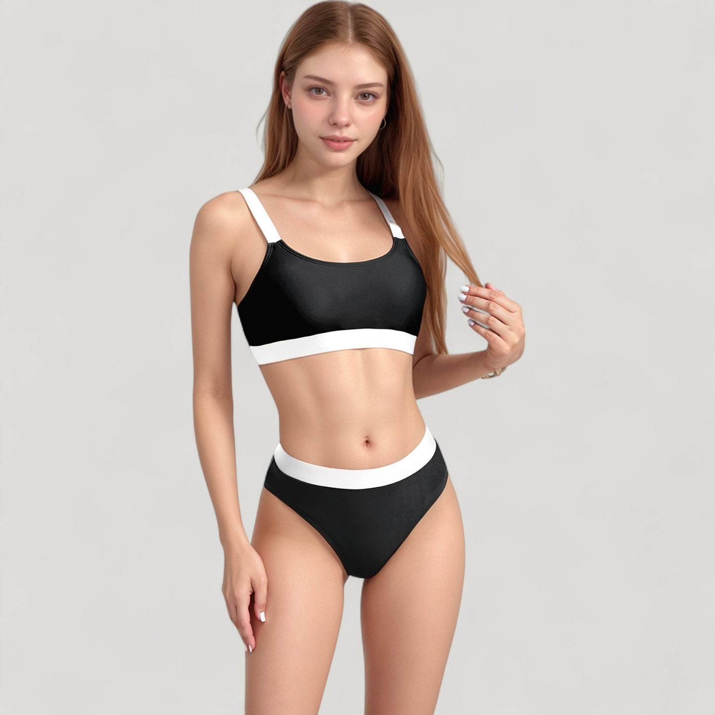 Anna-Kaci Swim Women's Two Tone Scoop Neck Bikini Top with Matching High Waist Bottoms and Adjustable Straps
