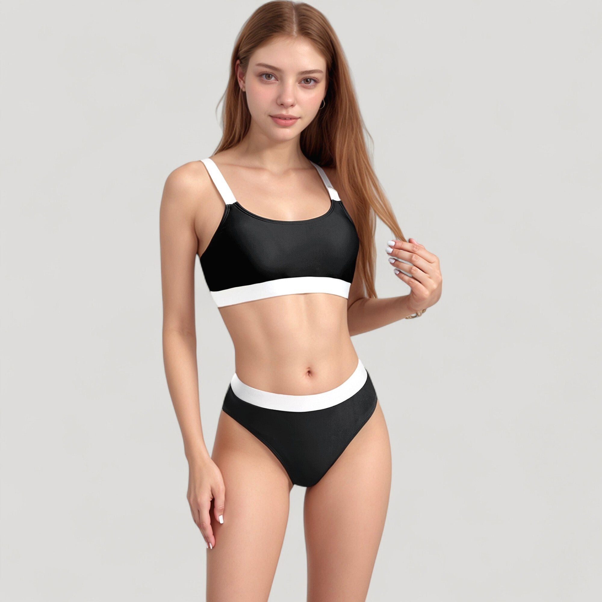 Anna-Kaci Swim Women's Two Tone Scoop Neck Bikini Top with Matching High Waist Bottoms and Adjustable Straps
