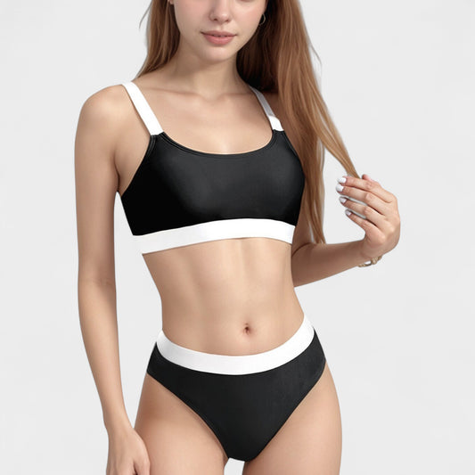 Anna-Kaci Swim Women's Two Tone Scoop Neck Bikini Top with Matching High Waist Bottoms and Adjustable Straps