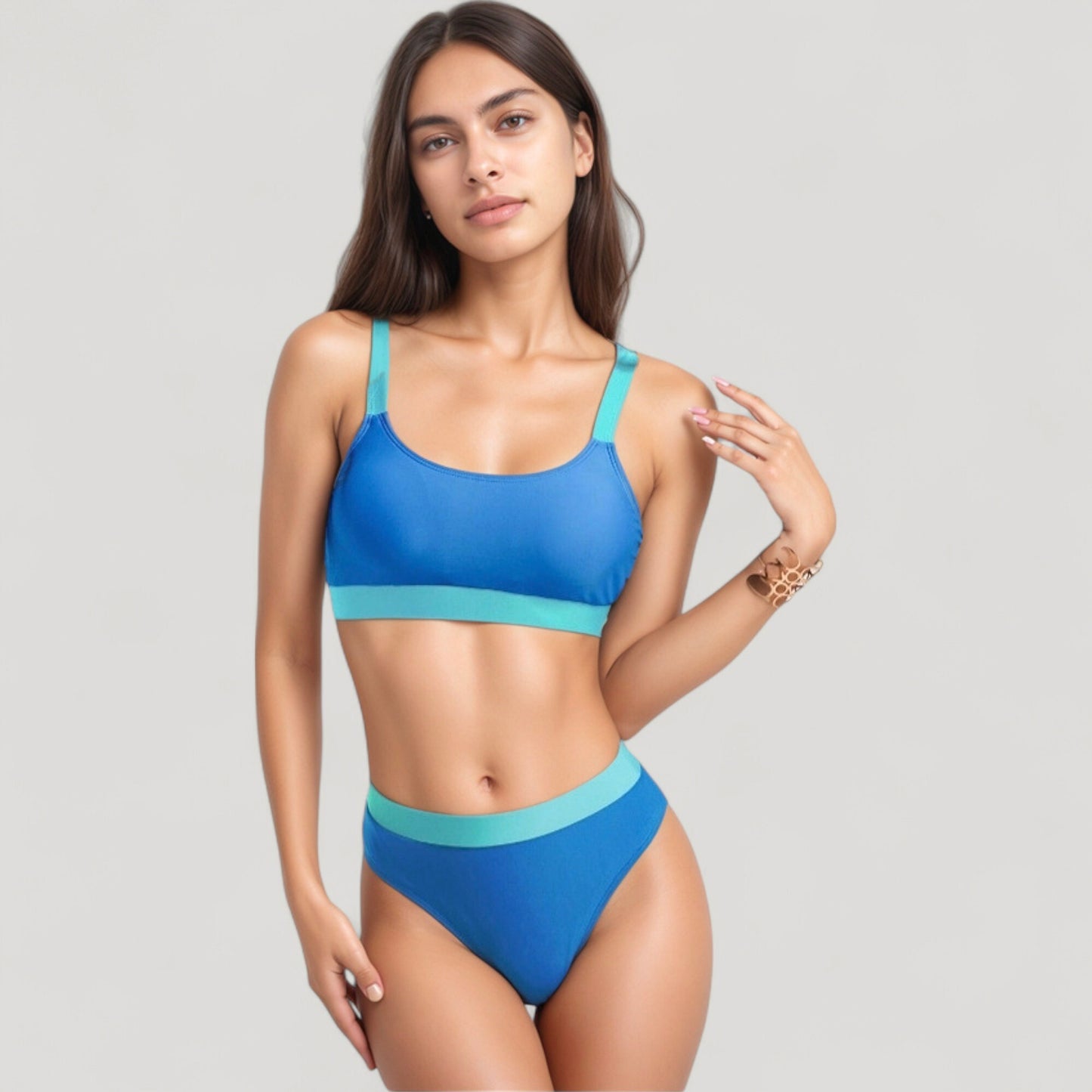 Anna-Kaci Swim Women's Two Tone Scoop Neck Bikini Top with Matching High Waist Bottoms and Adjustable Straps