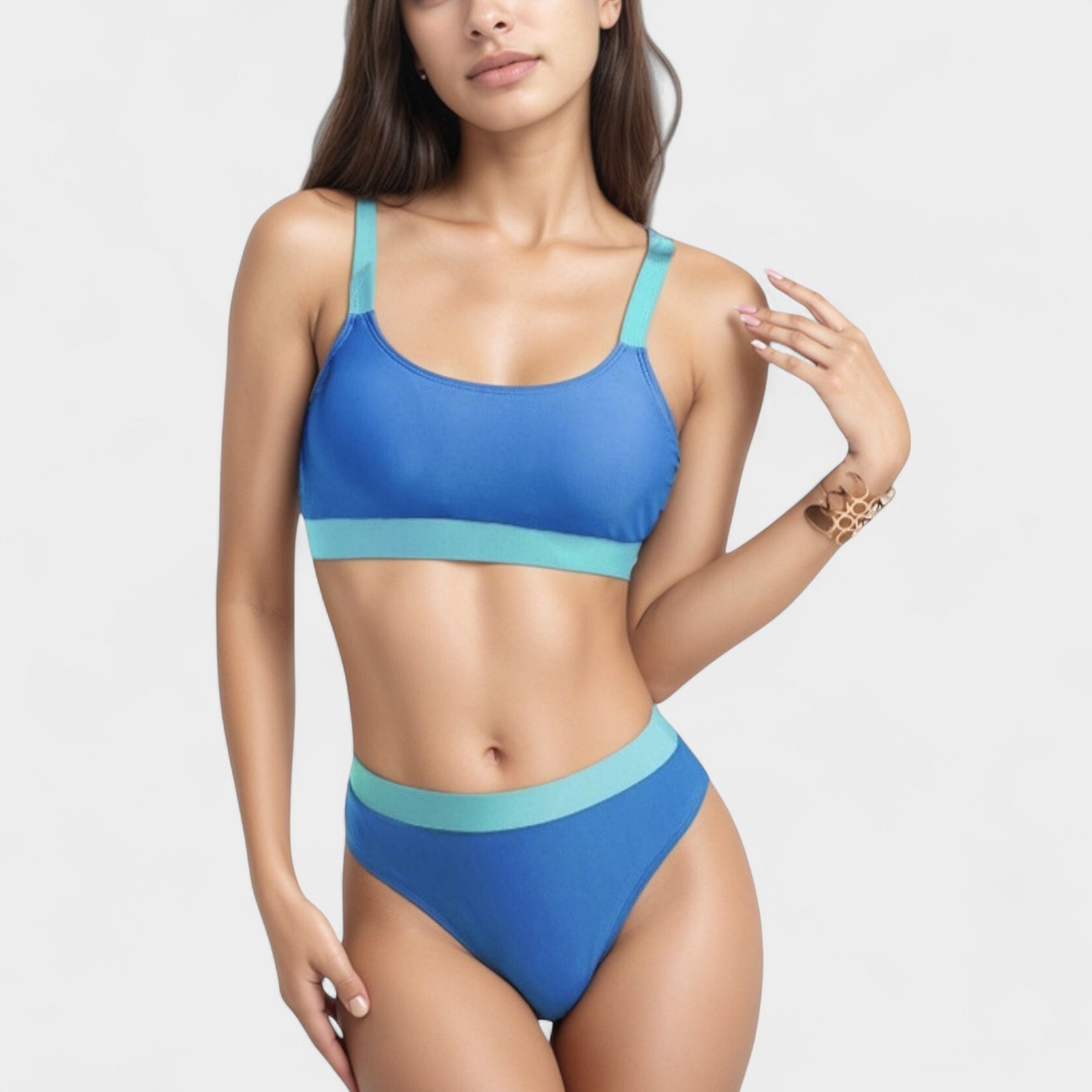 Anna-Kaci Swim Women's Two Tone Scoop Neck Bikini Top with Matching High Waist Bottoms and Adjustable Straps