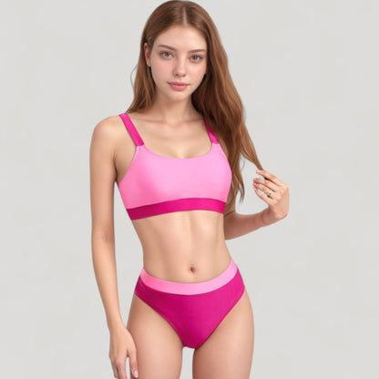Anna-Kaci Swim Women's Two Tone Scoop Neck Bikini Top with Matching High Waist Bottoms and Adjustable Straps