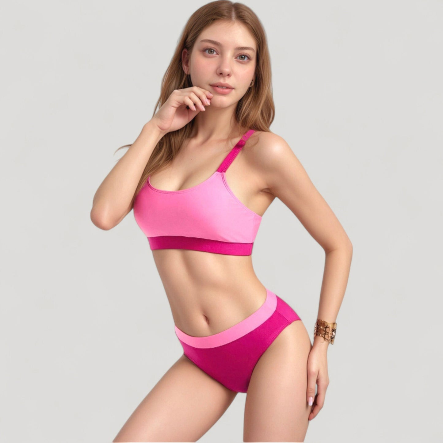Anna-Kaci Swim Women's Two Tone Scoop Neck Bikini Top with Matching High Waist Bottoms and Adjustable Straps