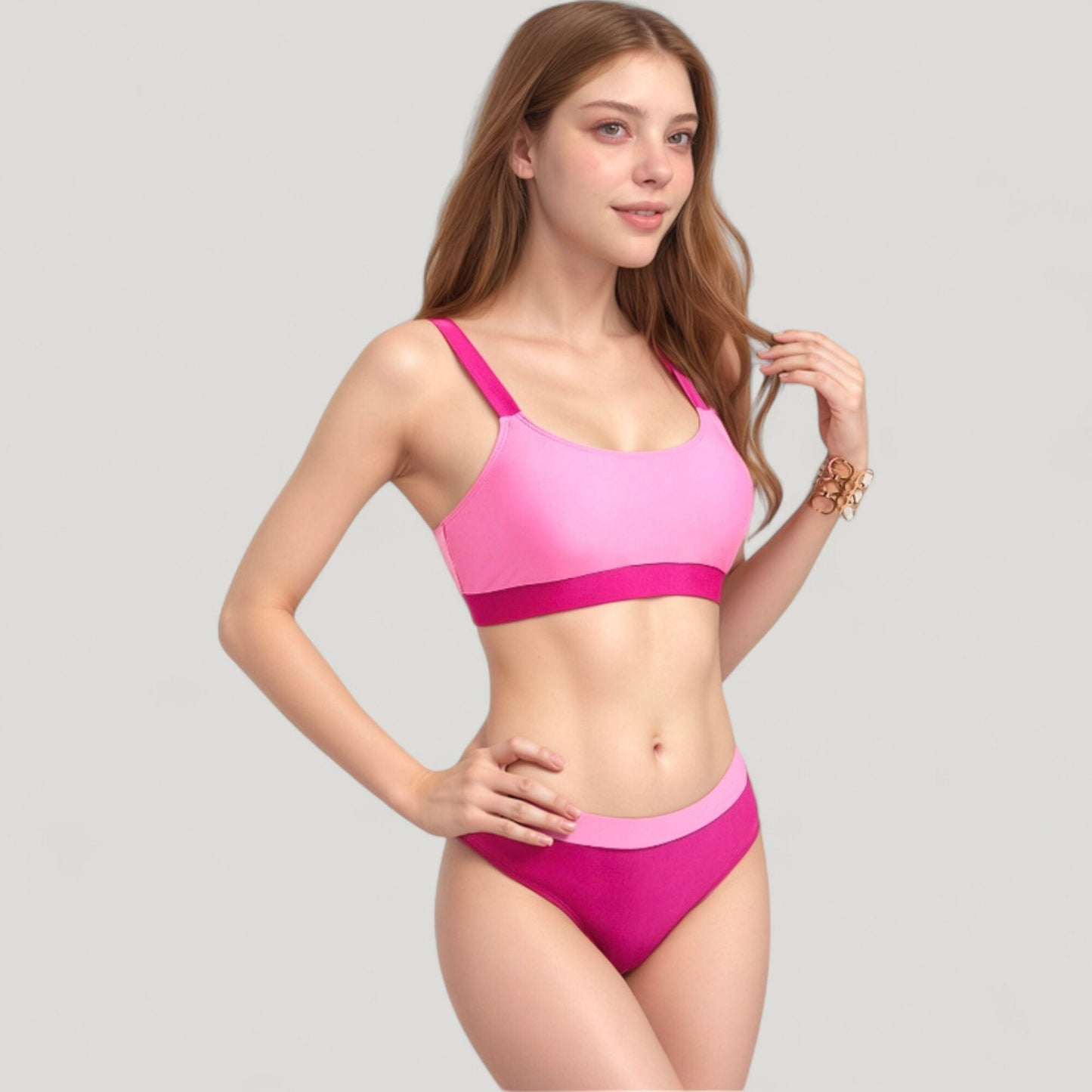 Anna-Kaci Swim Women's Two Tone Scoop Neck Bikini Top with Matching High Waist Bottoms and Adjustable Straps