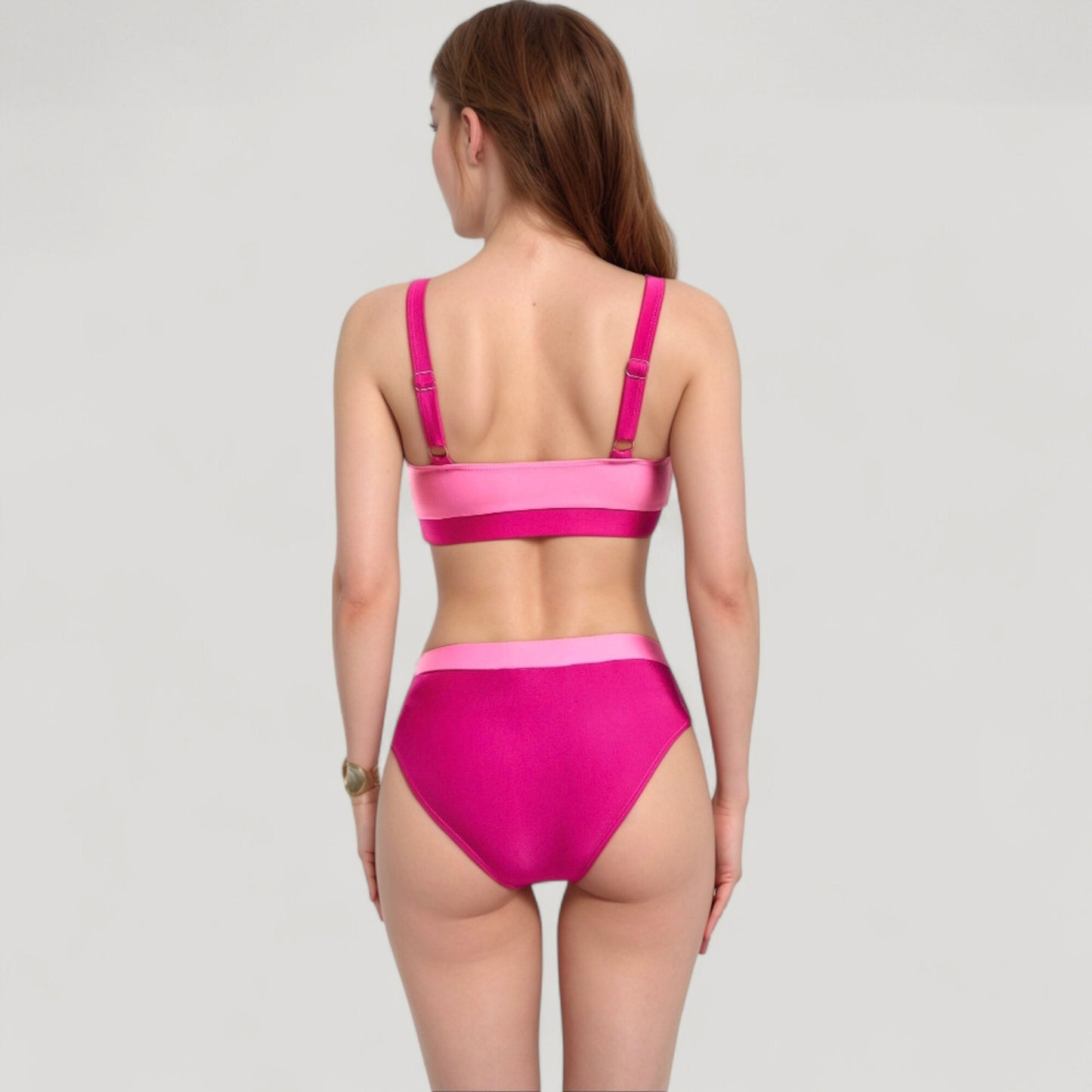 Anna-Kaci Swim Women's Two Tone Scoop Neck Bikini Top with Matching High Waist Bottoms and Adjustable Straps