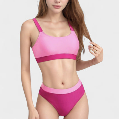 Anna-Kaci Swim Women's Two Tone Scoop Neck Bikini Top with Matching High Waist Bottoms and Adjustable Straps