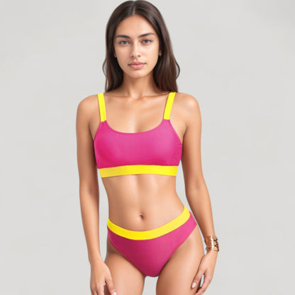 Anna-Kaci Swim Women's Two Tone Scoop Neck Bikini Top with Matching High Waist Bottoms and Adjustable Straps